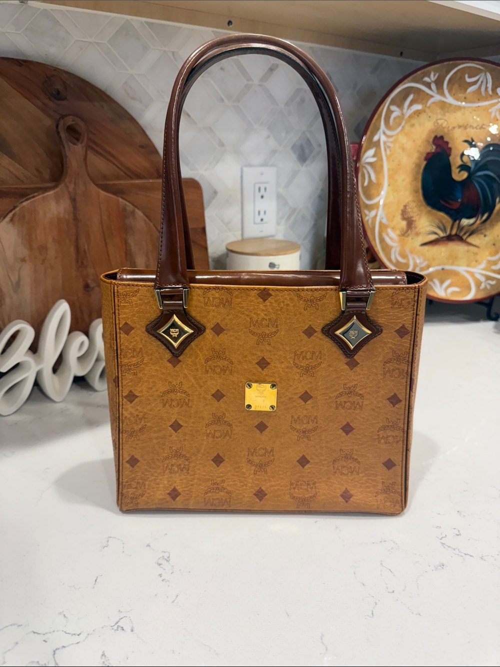 MCM Cognac Monogram Satchel with Brown Handles